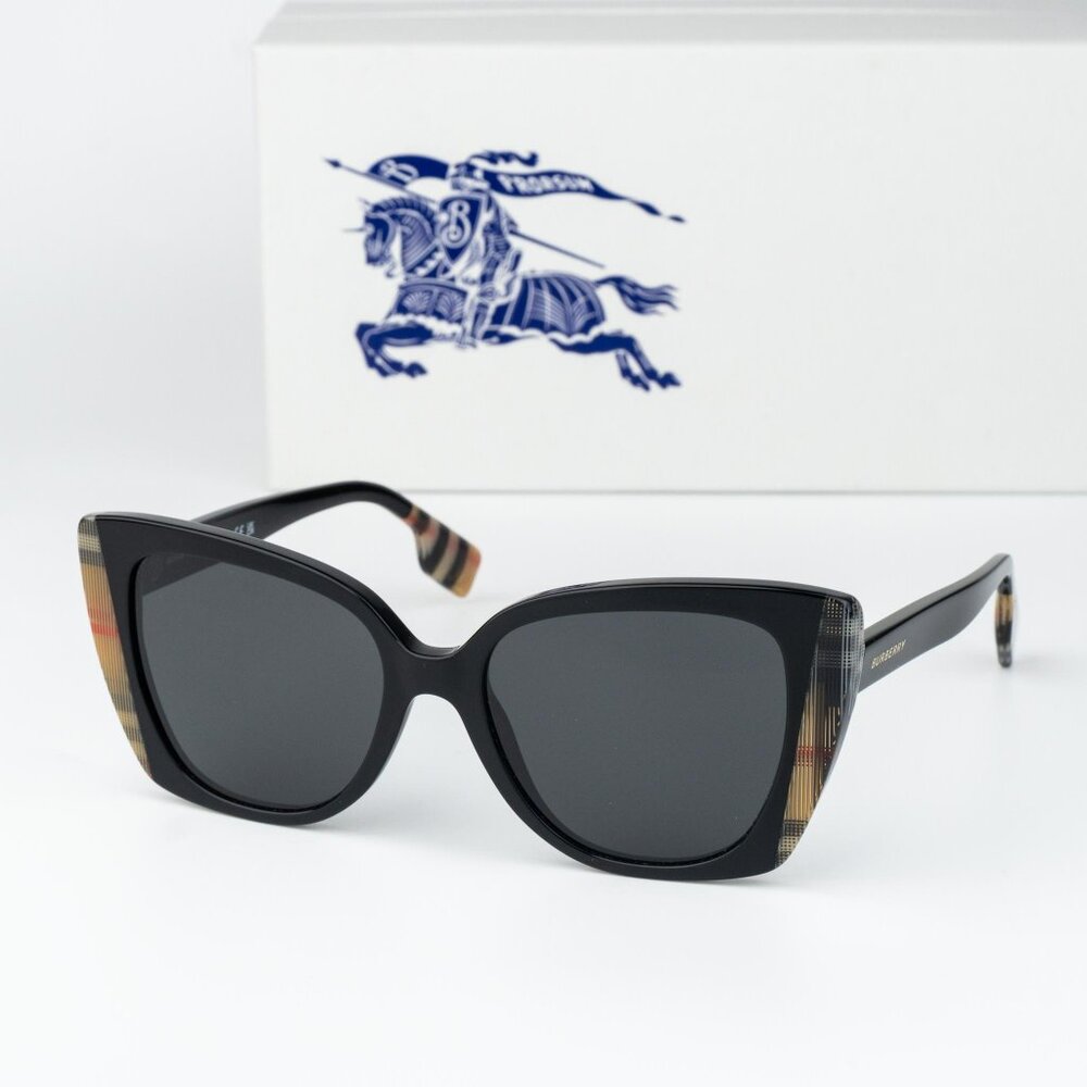 Burberry MARYL Women Sunglasses Black Vintage Check Grey Cat Eye BE4393 405587